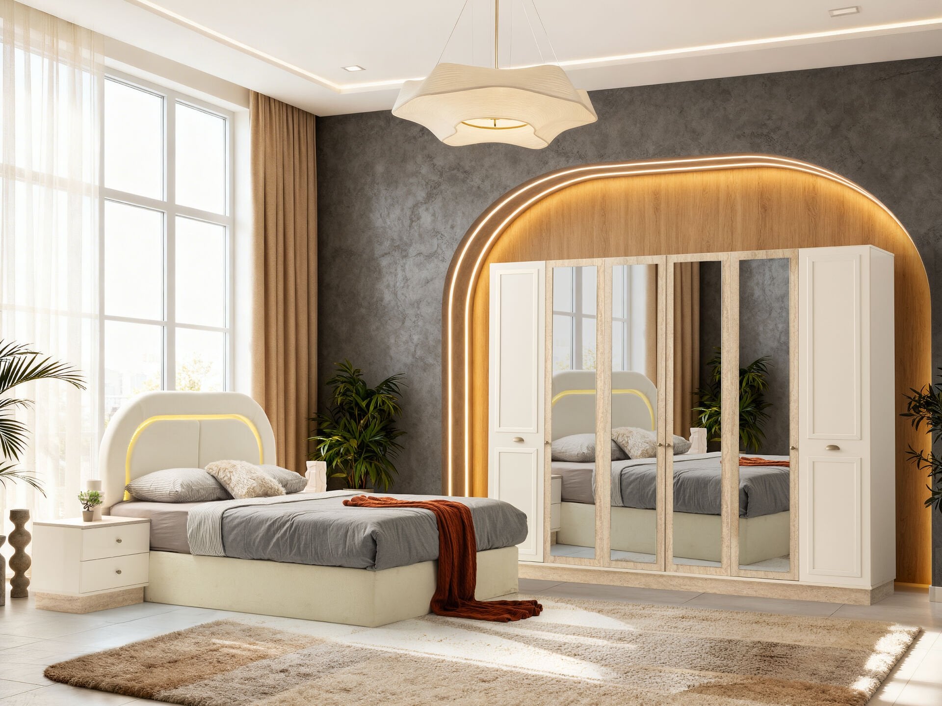 Tarz Mobilya Marsilya Hesaplı Yatak Odası Takımı Aynalı Gardırop Modern Takım