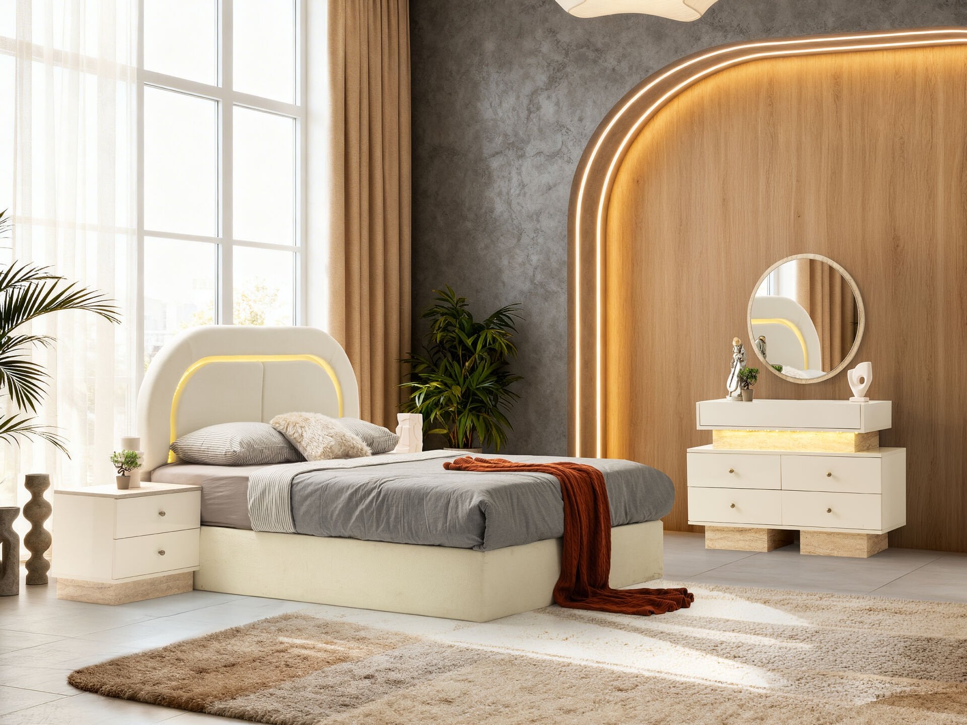 Tarz Mobilya Marsilya Hesaplı Yatak Odası Takımı Aynalı Gardırop Modern Takım