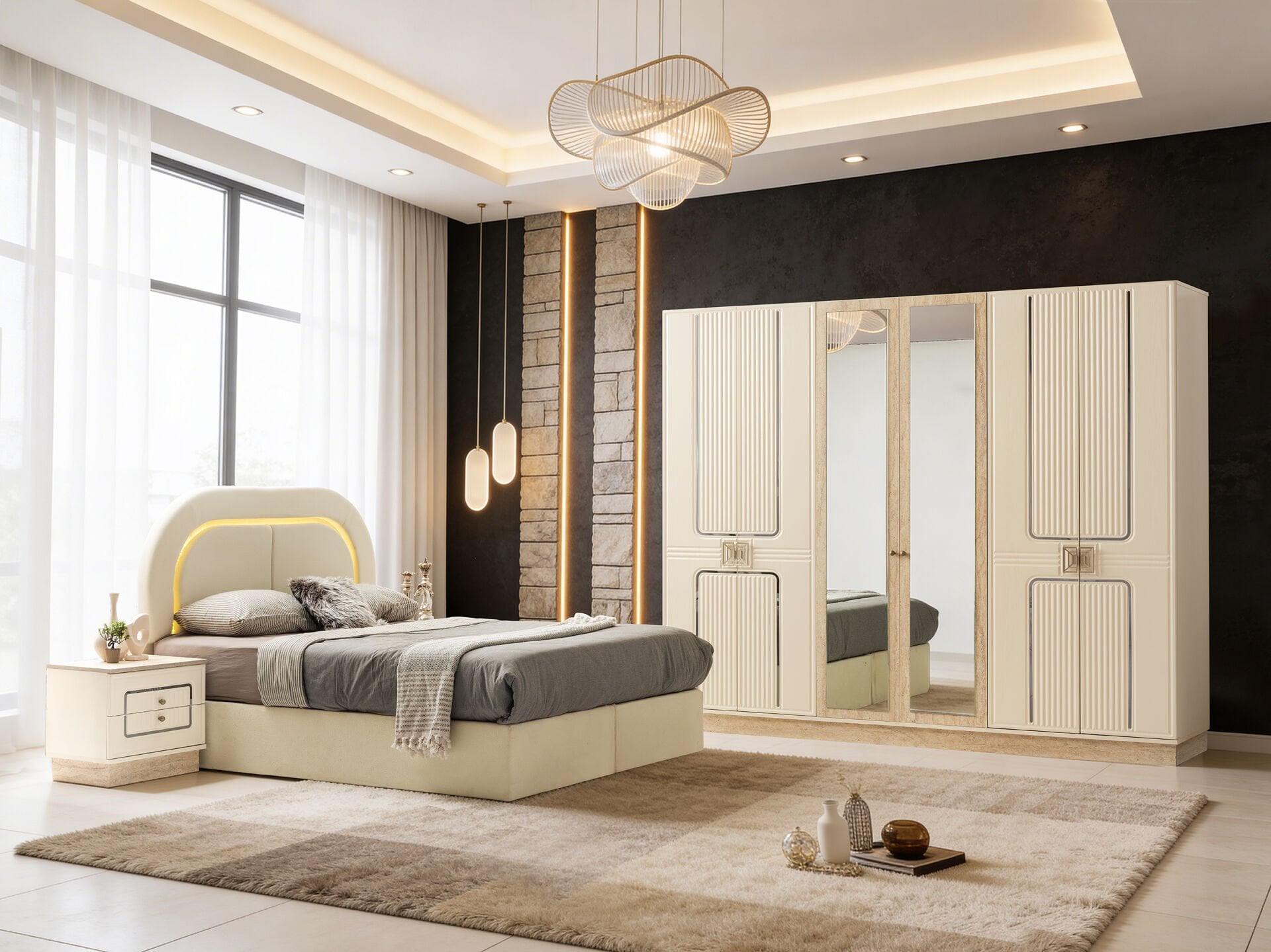 Tarz Mobilya Milano Hesaplı Yatak Odası Takımı Aynalı Gardırop Modern Takım