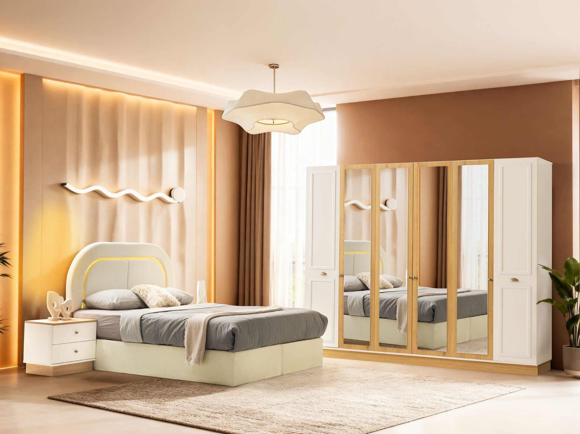 Tarz Mobilya Napoli Hesaplı Yatak Odası Takımı Aynalı Gardırop Modern Takım