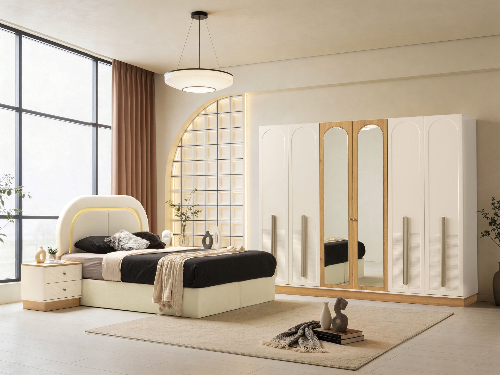 Tarz Mobilya Paris Hesaplı Yatak Odası Takımı Aynalı Gardırop Modern Takım