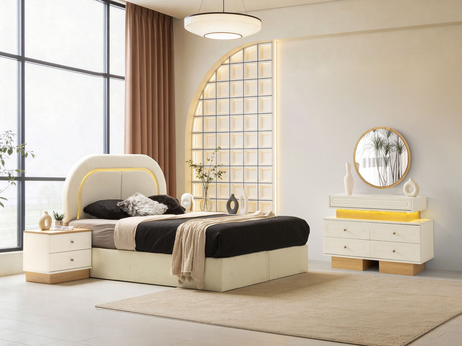 Tarz Mobilya Paris Hesaplı Yatak Odası Takımı Aynalı Gardırop Modern Takım