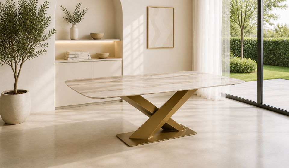Orvax Porselen Yemek Masası, Metal Ayaklı,Premium