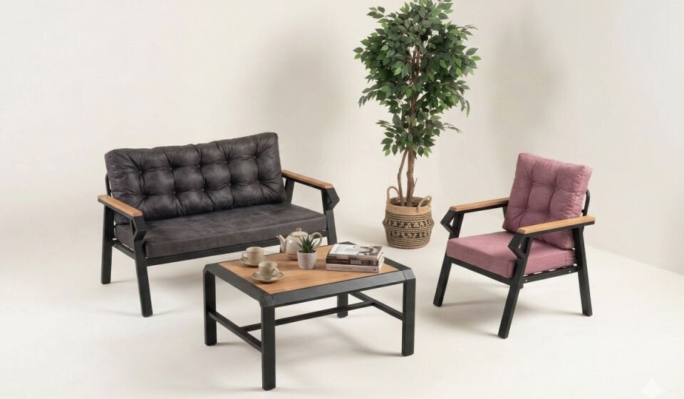 Modern Oturma Grubu 2+1 Ahşap Detaylı Minderli Balkon ve Salon Takımı