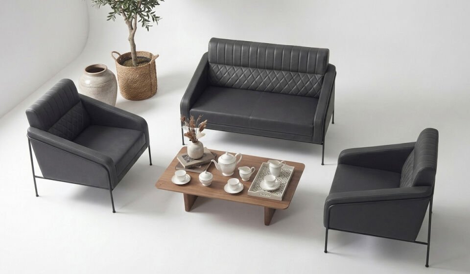 Modern Oturma Grubu 3+1+1 Cafe Ofis Koltuk Takımı Deri Görünümlü