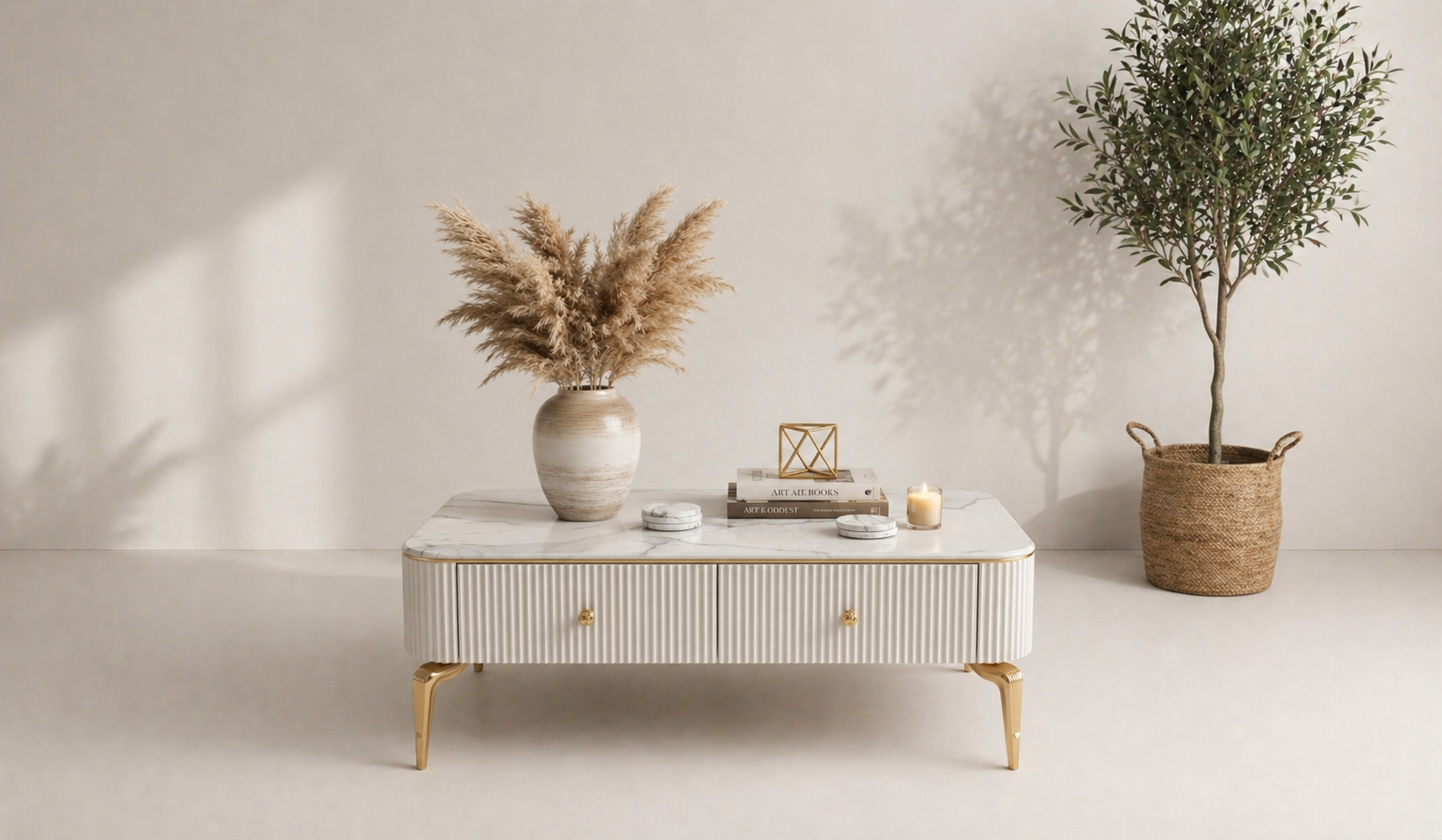 Tarz Mobilya Nevada Mermer Desenli Orta Sehpa – Gold Detaylı Modern Lüks Sehpa