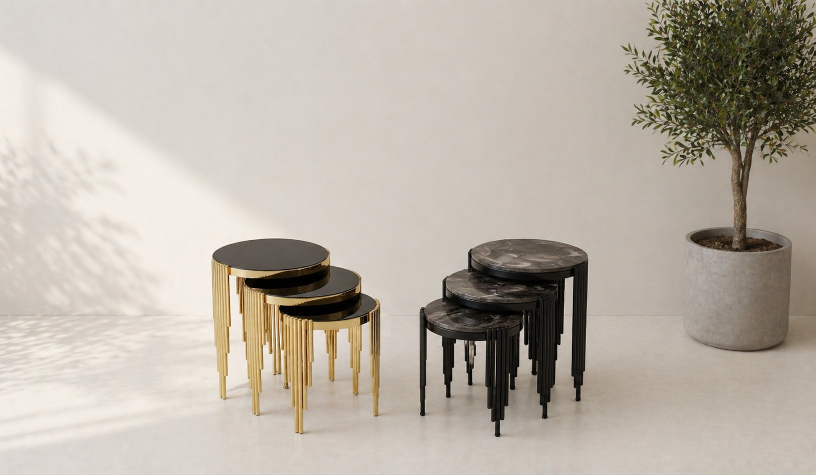 Tarz Mobilya Orion Gold Siyah Metal Ayaklı Yuvarlak Zigon Sehpa Seti 3’lü Mermer Desenli Modern Lüks Tasarım