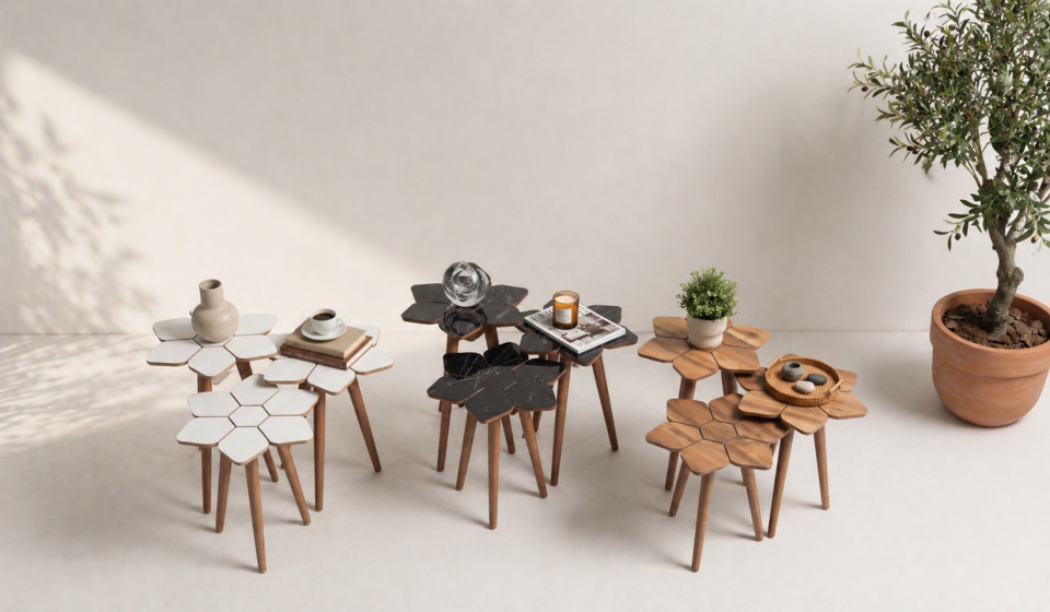 Tarz Mobilya Flora Çiçek Formlu Zigon Sehpa Seti 3’lü Ahşap Ayaklı Modern Dekoratif Tasarım
