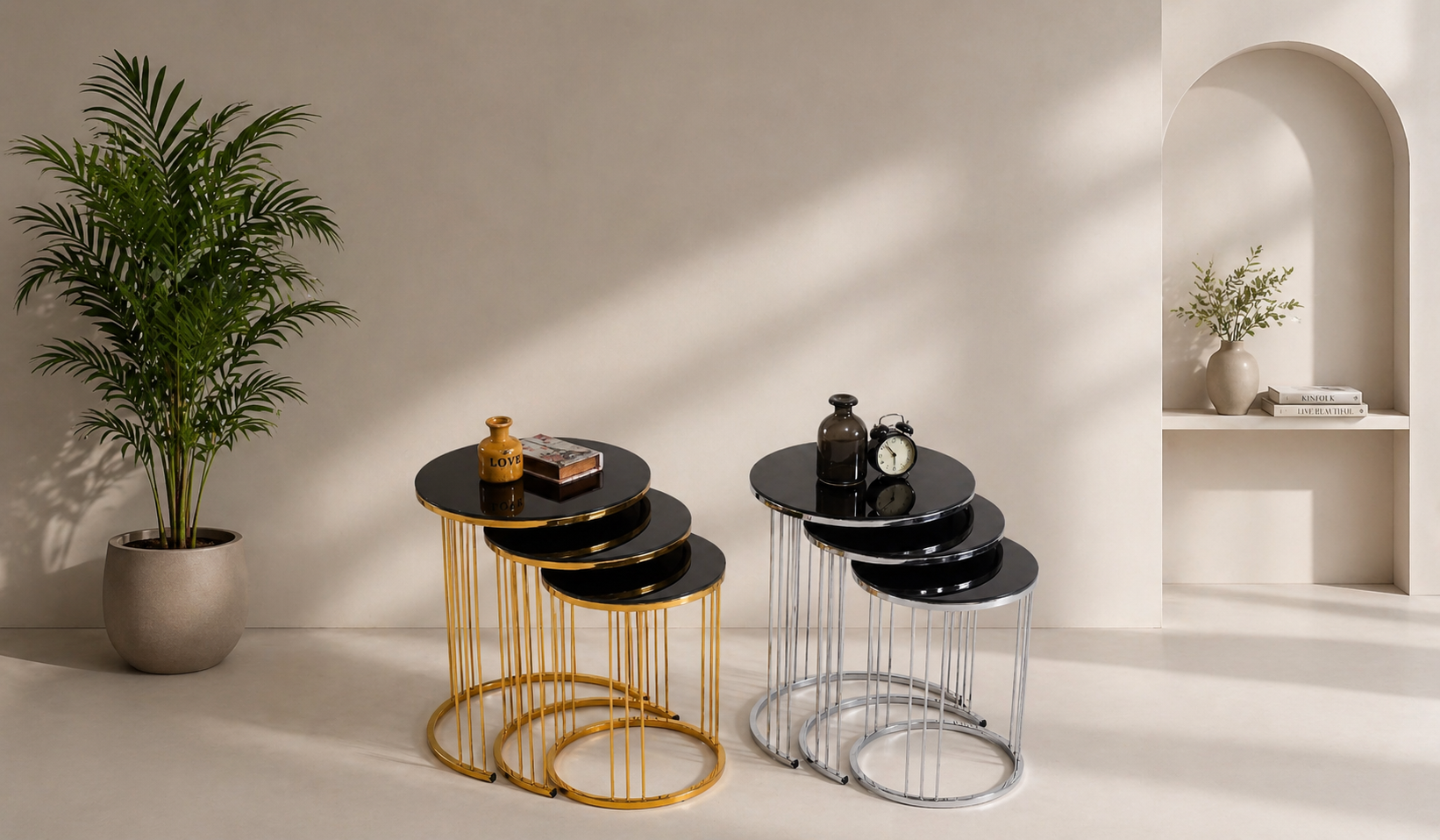 Tarz Mobilya Modern 3’lü Zigon Sehpa Seti – Siyah Cam Üst, Metal Ayaklı, İç İçe Geçmeli Gold & Silver Sehpa