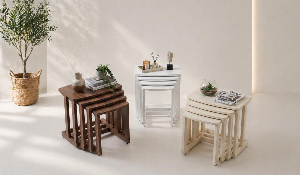 Tarz Mobilya 4’lü Ahşap Zigon Sehpa Seti – İç İçe Geçmeli, Modern Minimalist Salon Sehpası
