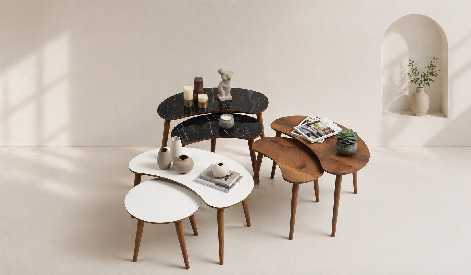 Tarz Mobilya Curve Design Zigon Sehpa Takımı – Organik Form, Ahşap Ayaklı Modern Sehpa Seti