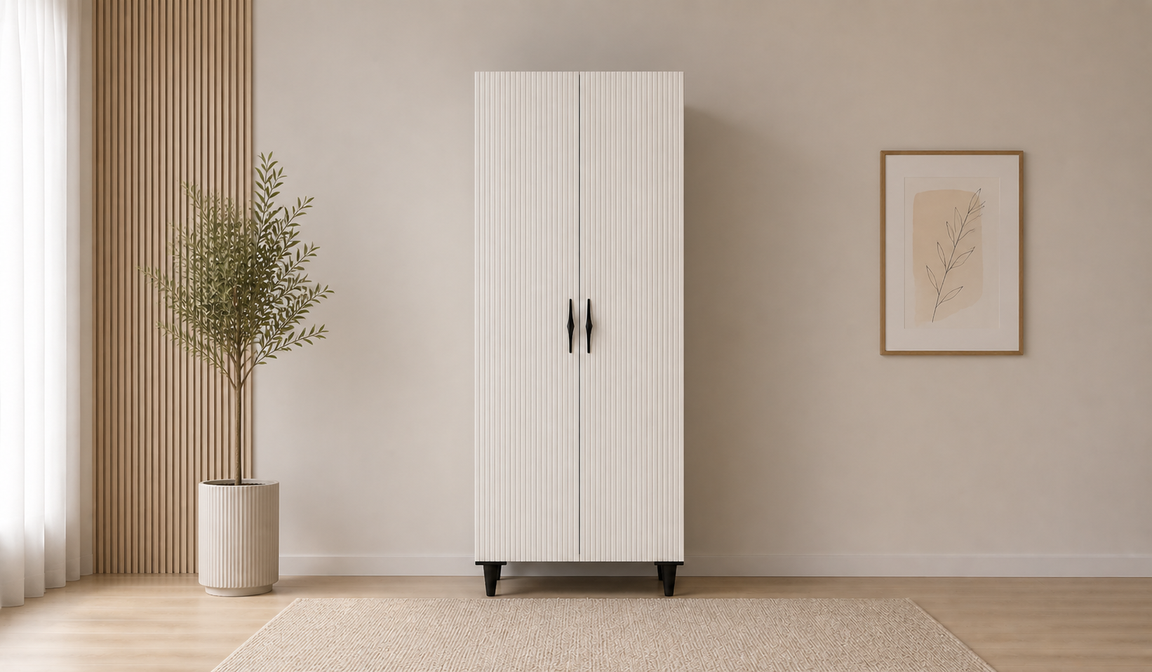 Tarz Mobilya 2 Kapılı Beyaz Çizgili Dolap Modern Minimal Gardırop