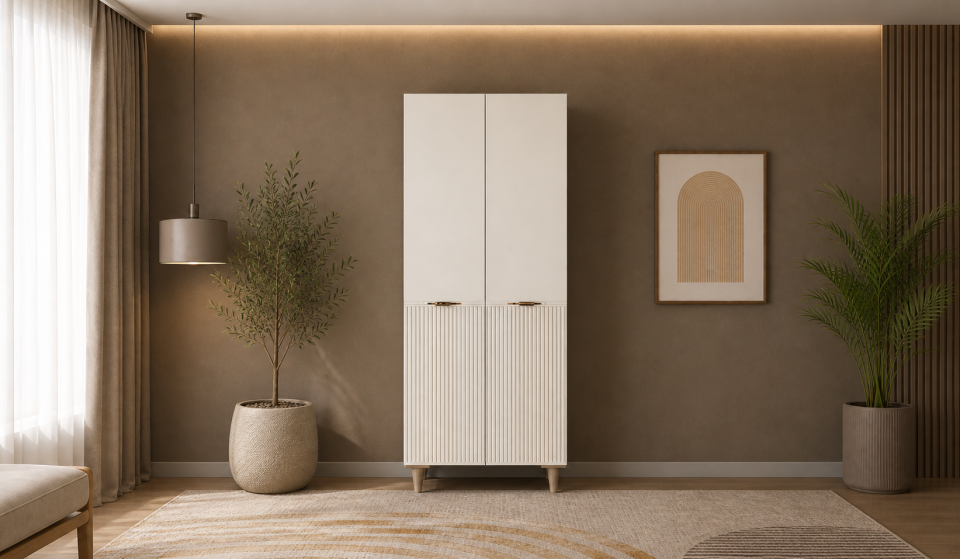 Tarz Mobilya 2 Kapılı Beyaz Dolap Çizgili Modern Minimal Gardırop