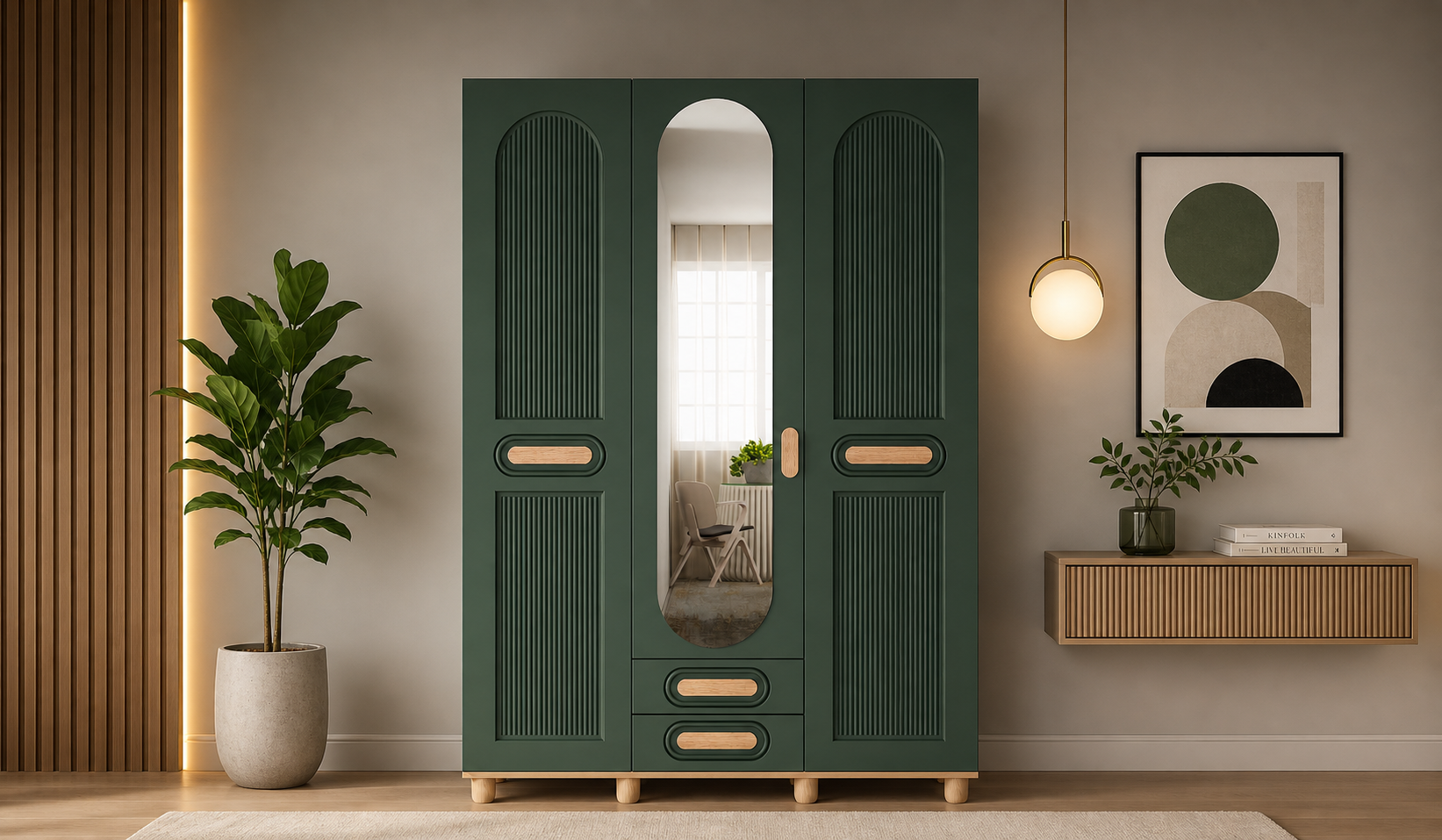 Tarz Mobilya Tera Modern Yeşil 3 Kapılı Gardırop Elbise Dolabı Geniş Kıyafet Dolabı