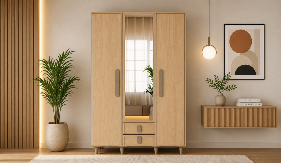 Tarz Mobilya Açık Meşe 3 Kapılı Modern İskandinav Gardırop