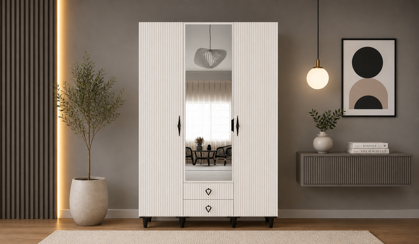 Tarz Mobilya 3 Kapılı Beyaz Çizgili Dolap Modern Minimal Gardırop