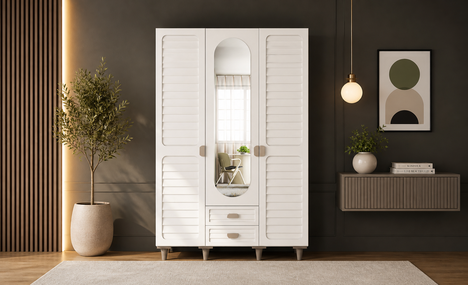 Tarz Mobilya 3 Kapılı Beyaz Dolap Panjur Kapaklı Modern Gardırop Şık Tasarım