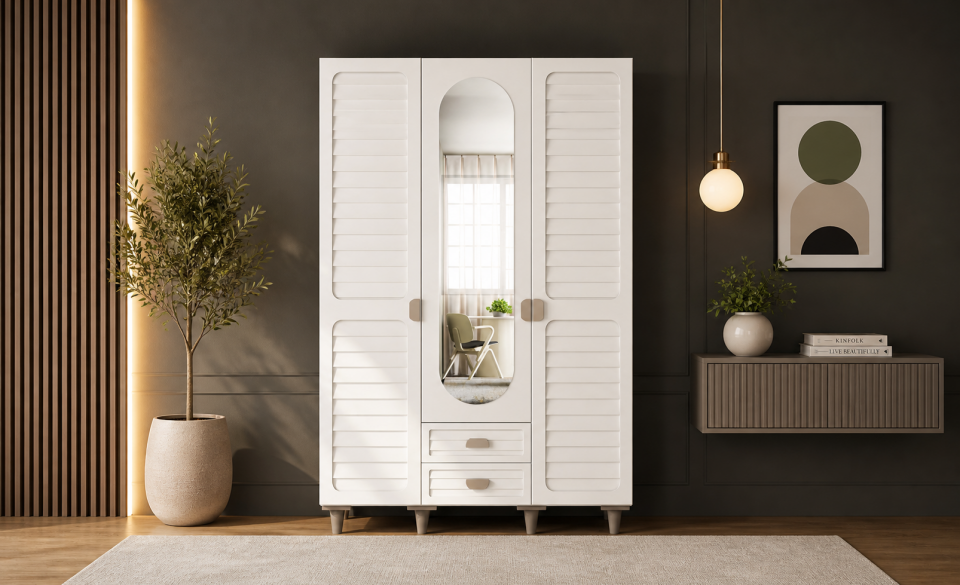 Tarz Mobilya 3 Kapılı Beyaz Dolap Panjur Kapaklı Modern Gardırop Şık Tasarım