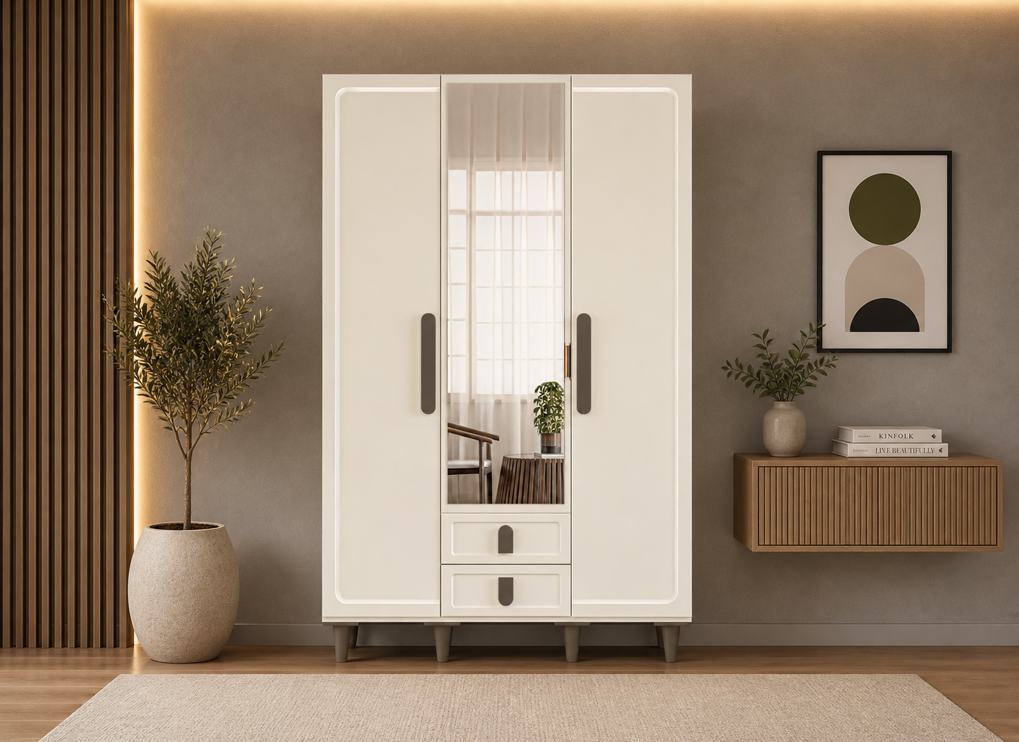 Tarz Mobilya 3 Kapılı Beyaz Dolap Modern Minimal Gardırop