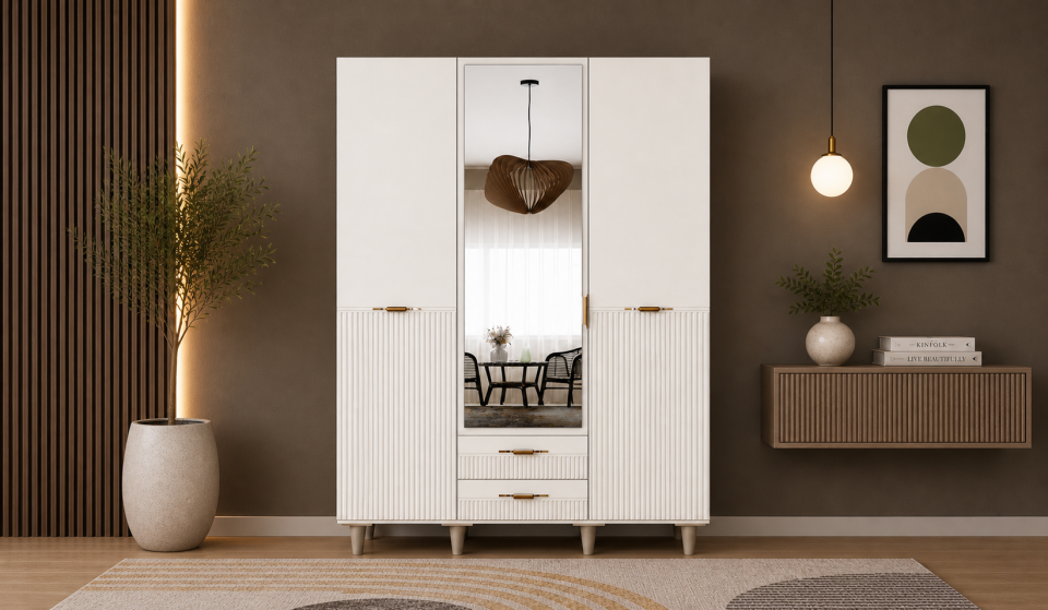 Tarz Mobilya 3 Kapılı Beyaz Dolap Çizgili Modern Minimal