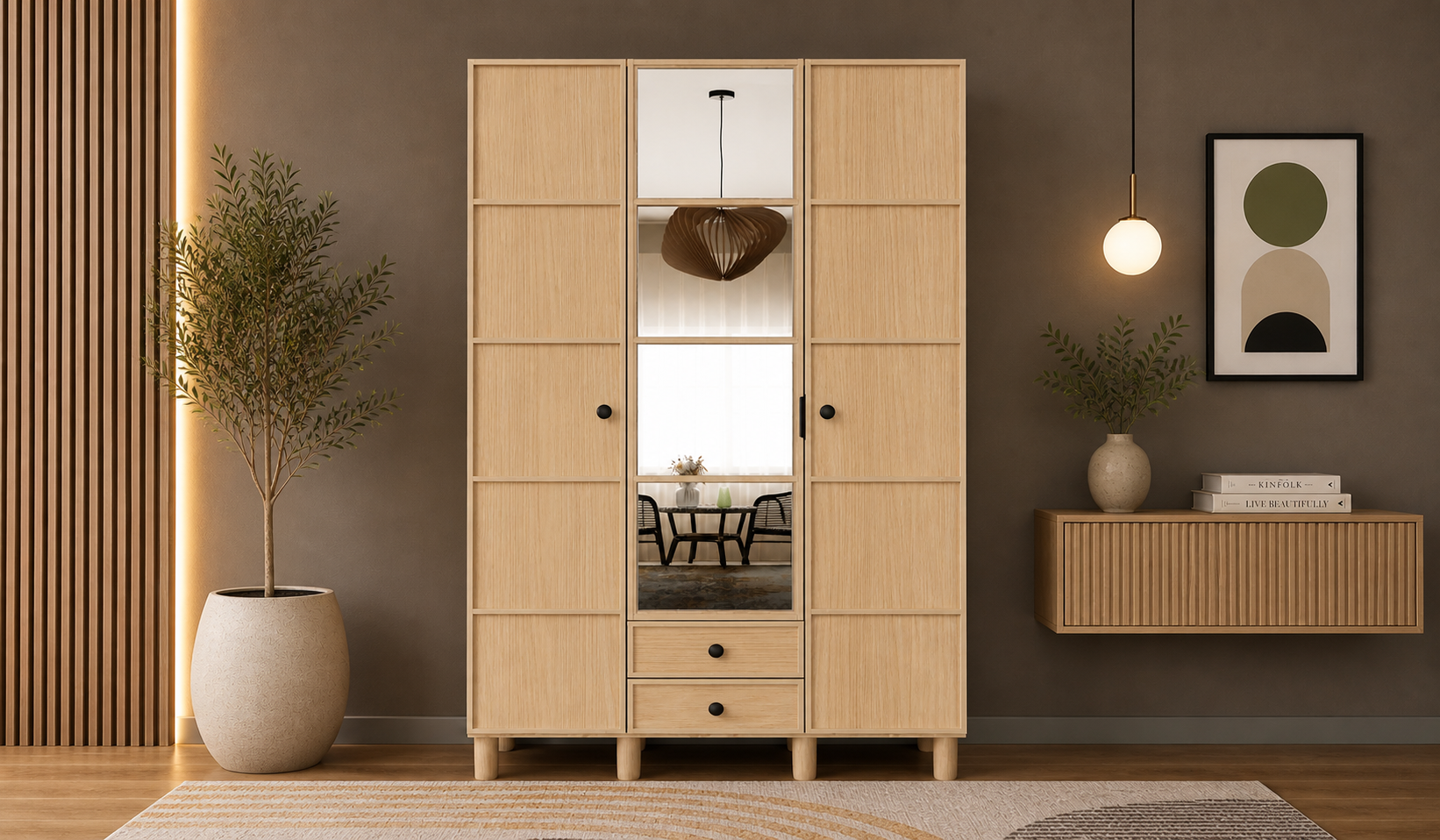 Tarz Mobilya 3 Kapılı Ahşap Dolap Modern Meşe Görünümlü