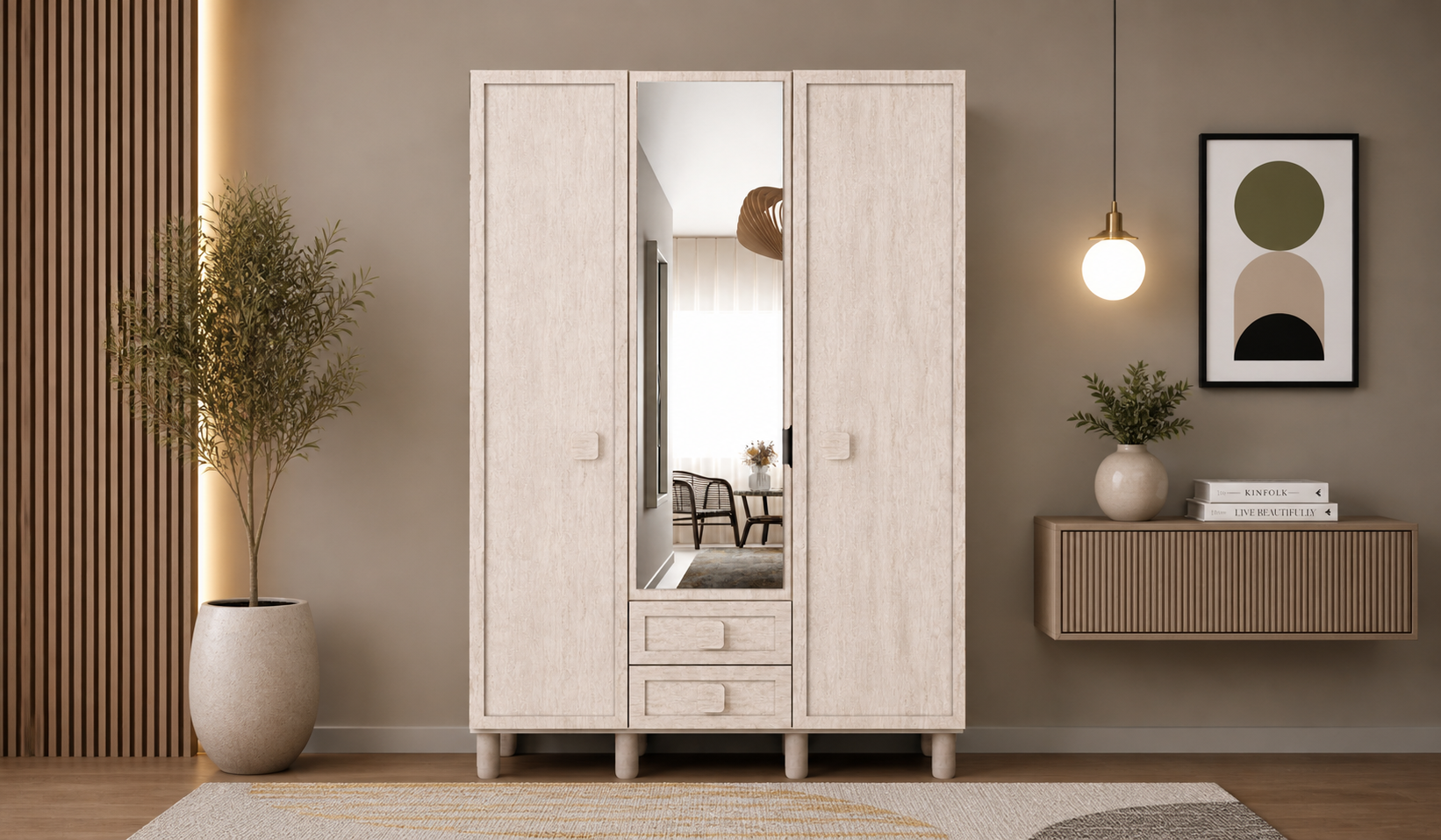 Tarz Mobilya 3 Kapılı Krem Dolap Modern Minimal Gardırop