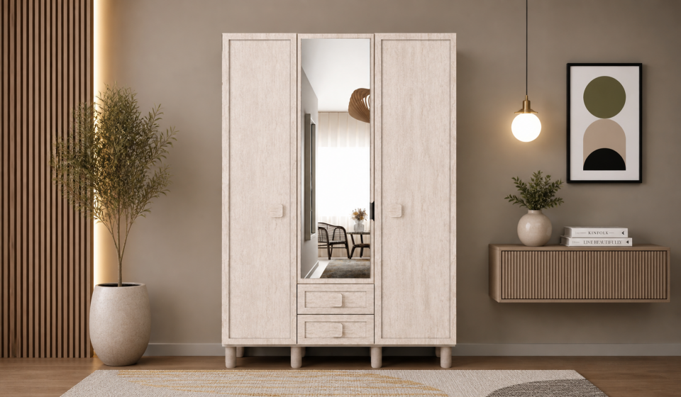 Tarz Mobilya 3 Kapılı Krem Dolap Modern Minimal Gardırop