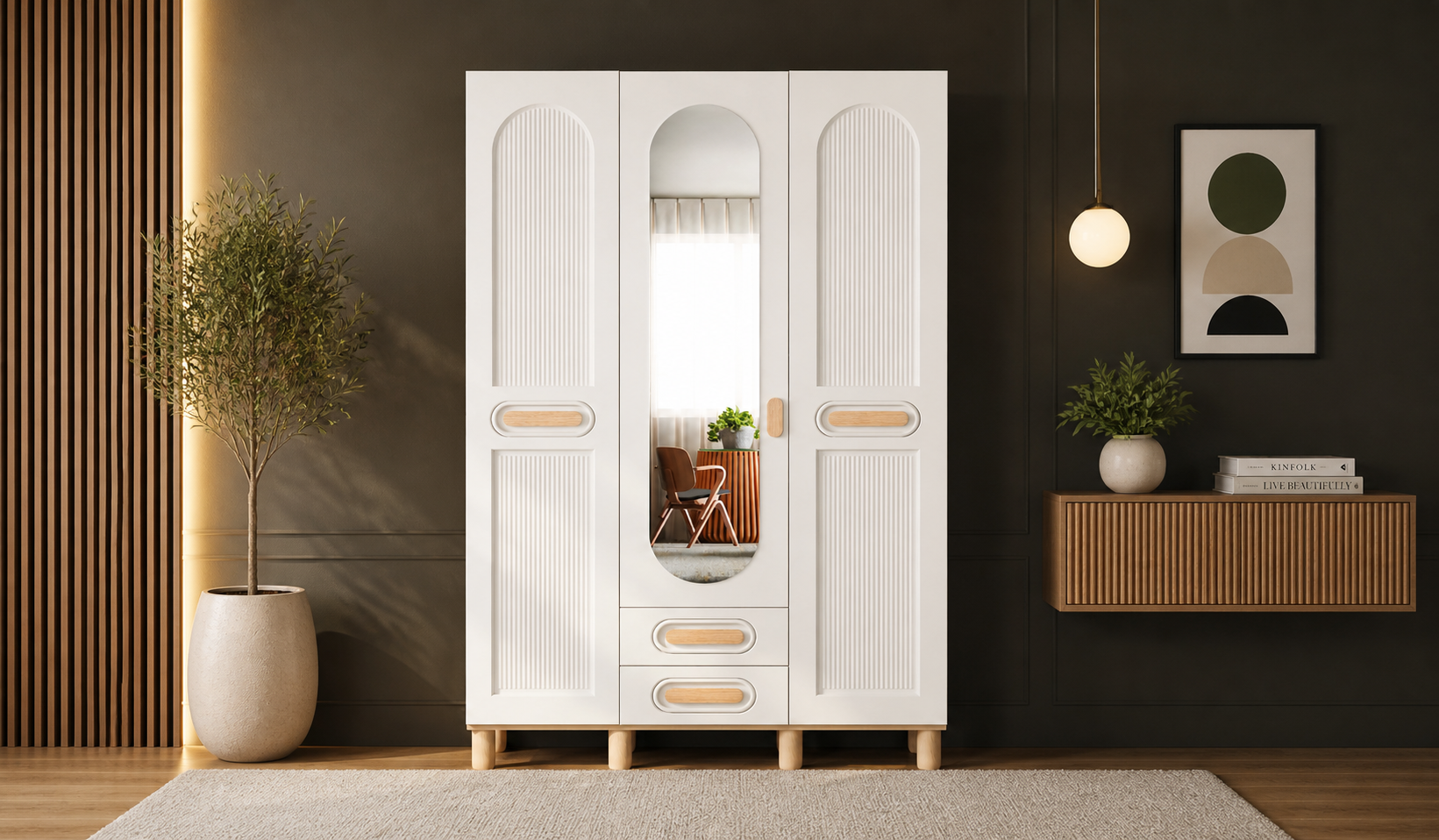 Tarz Mobilya 3 Kapılı Beyaz Kemerli Çizgili Dolap Modern