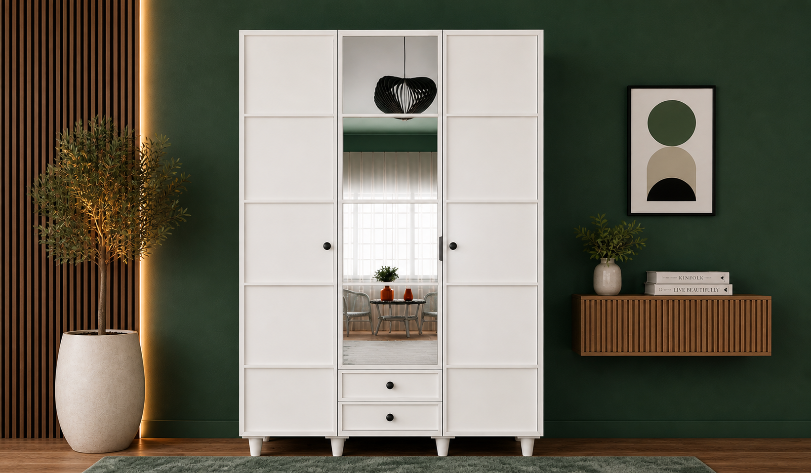 Tarz Mobilya 3 Kapılı Beyaz Dolap Bölmeli Modern Gardırop