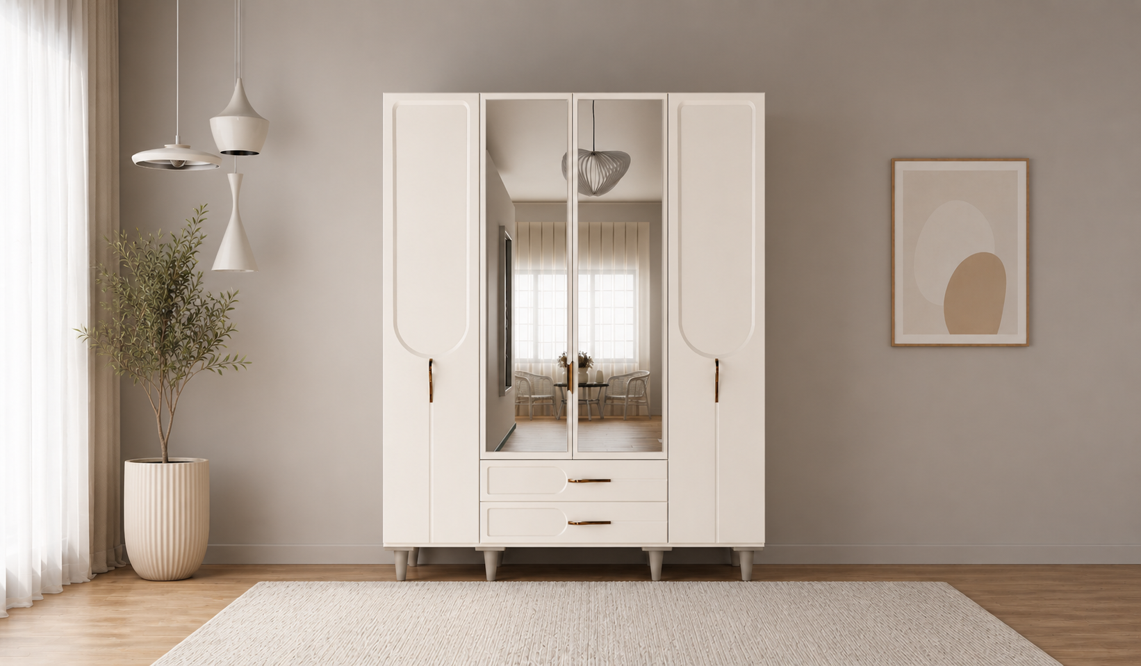 Tarz Mobilya Nova Minimal Beyaz 4 Kapılı Gardırop Elbise Dolabı Modern Geniş Kıyafet Dolabı