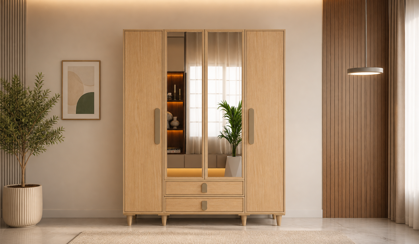 Tarz Mobilya Açık Meşe 4 Kapılı Modern İskandinav Gardırop