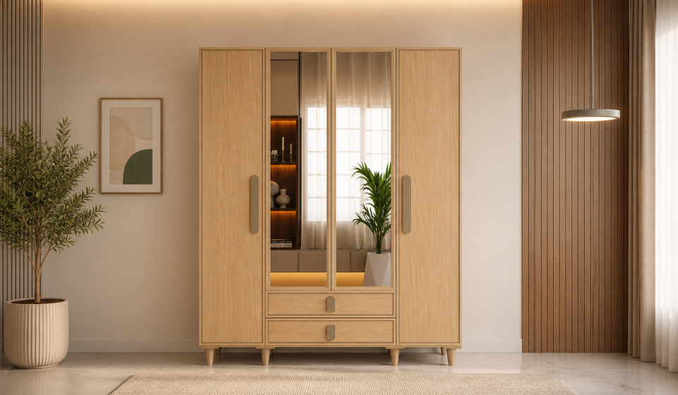 Tarz Mobilya Açık Meşe 4 Kapılı Modern İskandinav Gardırop