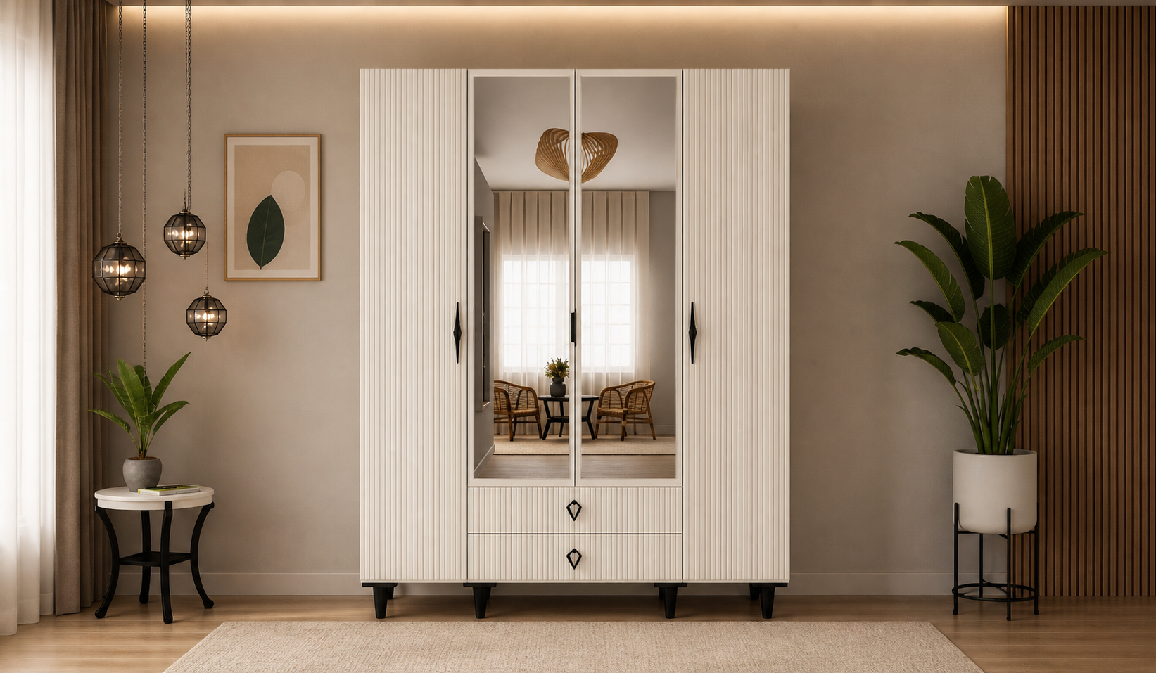 Tarz Mobilya 4 Kapılı Beyaz Çizgili Dolap Modern Minimal Gardırop