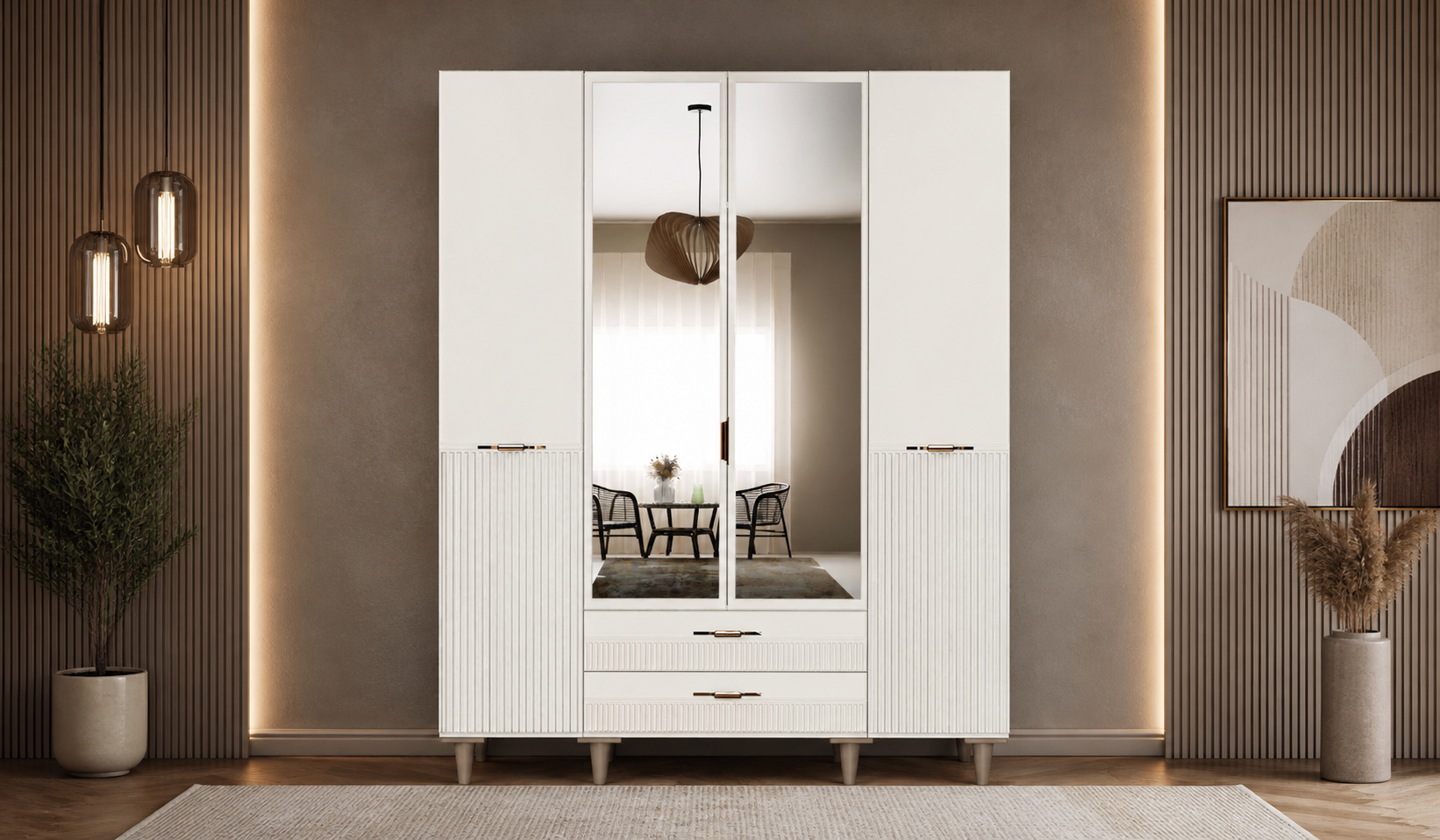 Tarz Mobilya 4 Kapılı Beyaz Dolap Çizgili Modern Minimal