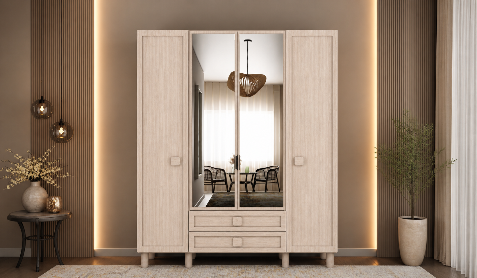 Tarz Mobilya 4 Kapılı Krem Dolap Modern Minimal Gardırop