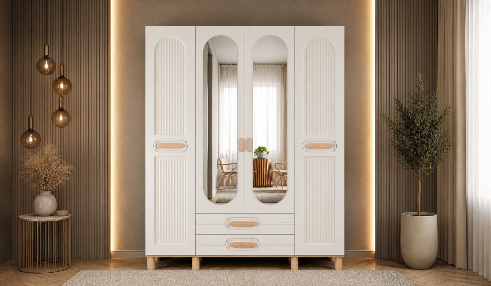 Tarz Mobilya 4 Kapılı Beyaz Kemerli Çizgili Dolap Modern