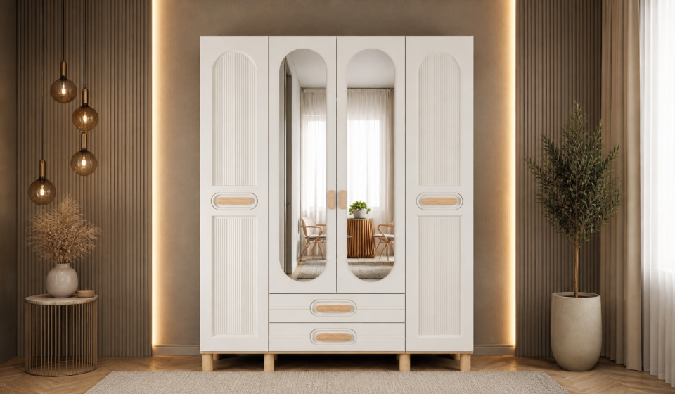 Tarz Mobilya 4 Kapılı Beyaz Kemerli Çizgili Dolap Modern