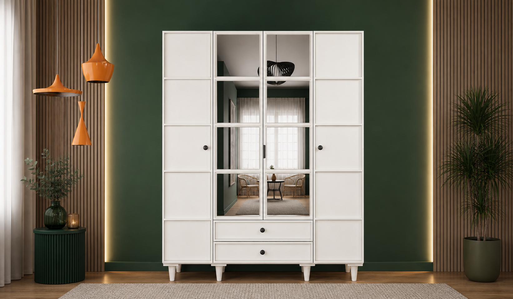 Tarz Mobilya 4 Kapılı Beyaz Dolap Bölmeli Modern Gardırop