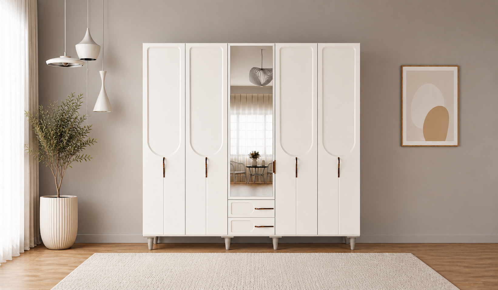 Tarz Mobilya Nova Minimal Beyaz 5 Kapılı Gardırop Elbise Dolabı Modern Geniş Kıyafet Dolabı