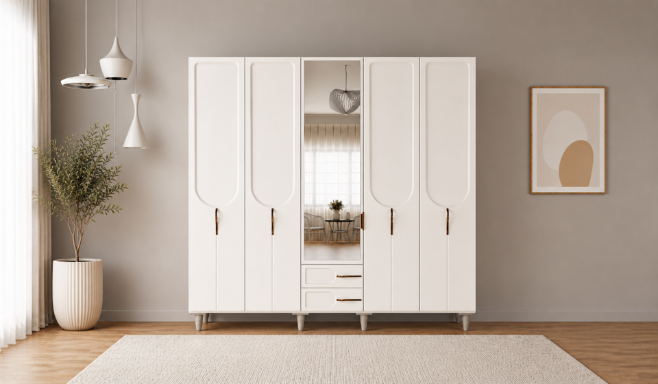 Tarz Mobilya Nova Minimal Beyaz 5 Kapılı Gardırop Elbise Dolabı Modern Geniş Kıyafet Dolabı