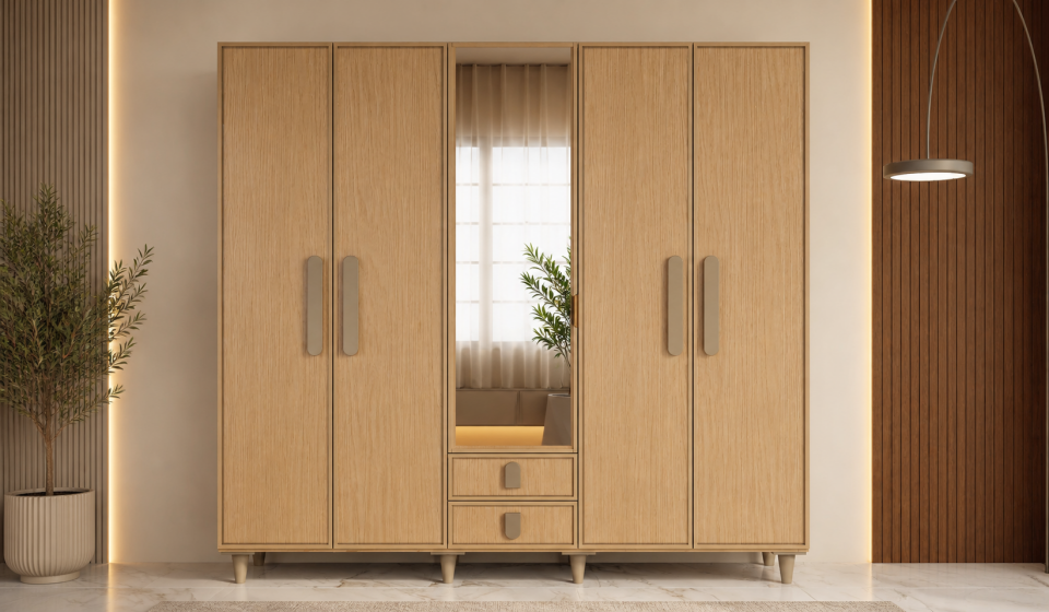 Tarz Mobilya Açık Meşe 5 Kapılı Modern İskandinav Gardırop