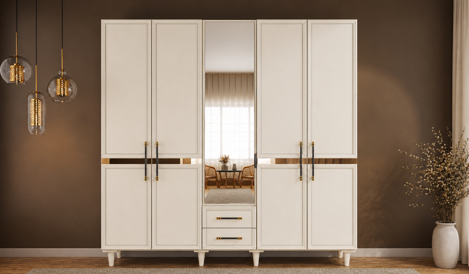 Tarz Mobilya 5 Kapılı Beyaz Dolap Gardırop Modern