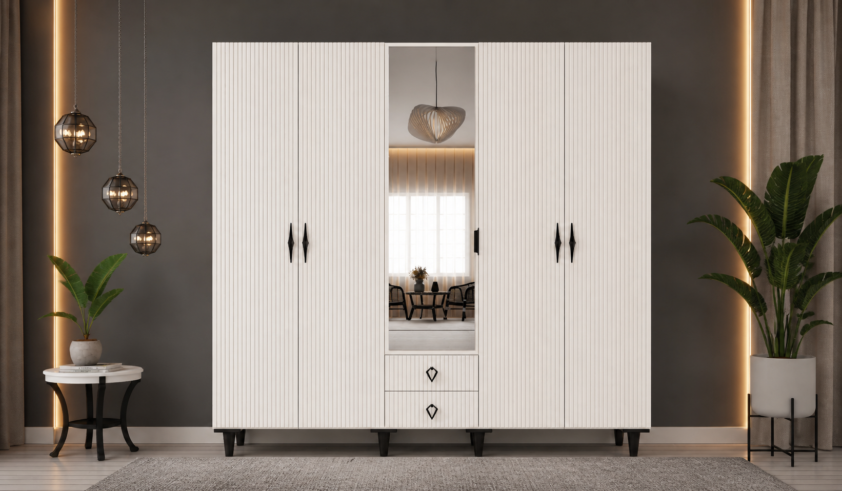 Tarz Mobilya 5 Kapılı Beyaz Çizgili Dolap Modern Gardırop