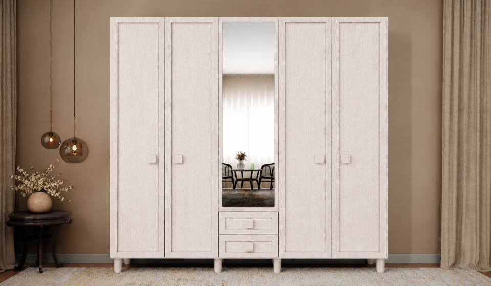 Tarz Mobilya 5 Kapılı Krem Dolap Modern Minimal Gardırop