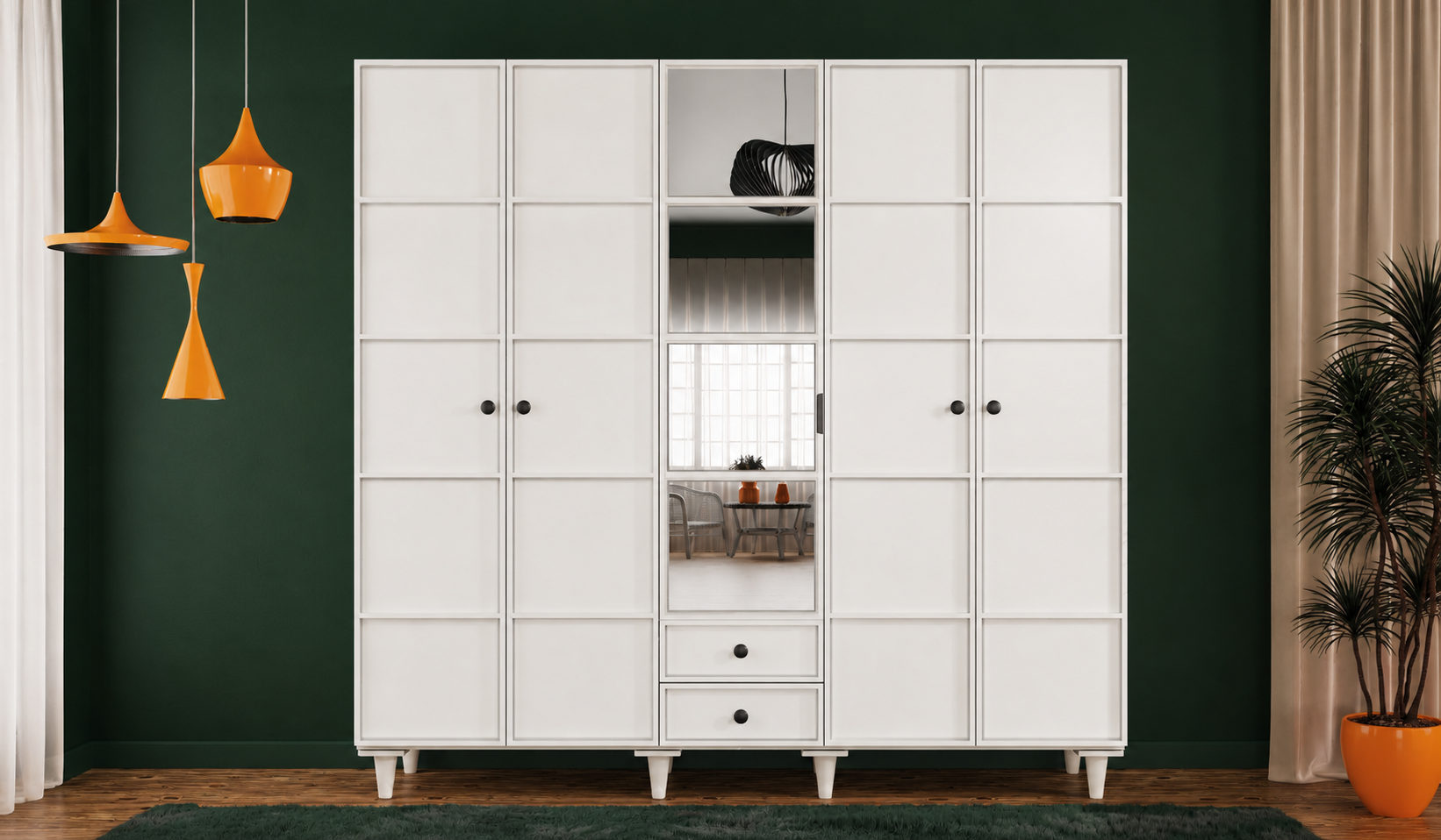 Tarz Mobilya 5 Kapılı Beyaz Dolap Bölmeli Modern Gardırop
