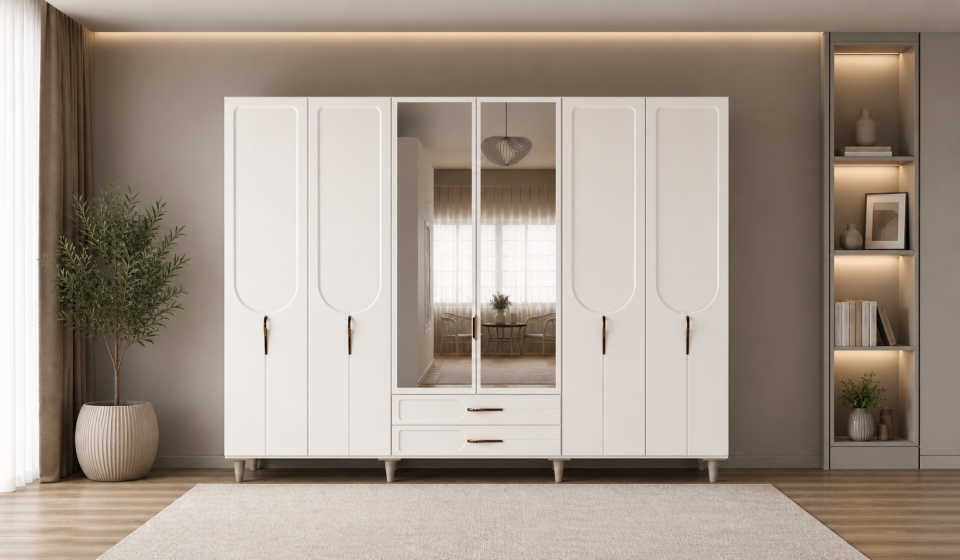 Tarz Mobilya Nova Beyaz 6 Kapılı Gardırop Elbise Dolabı Modern Geniş Kıyafet Dolabı
