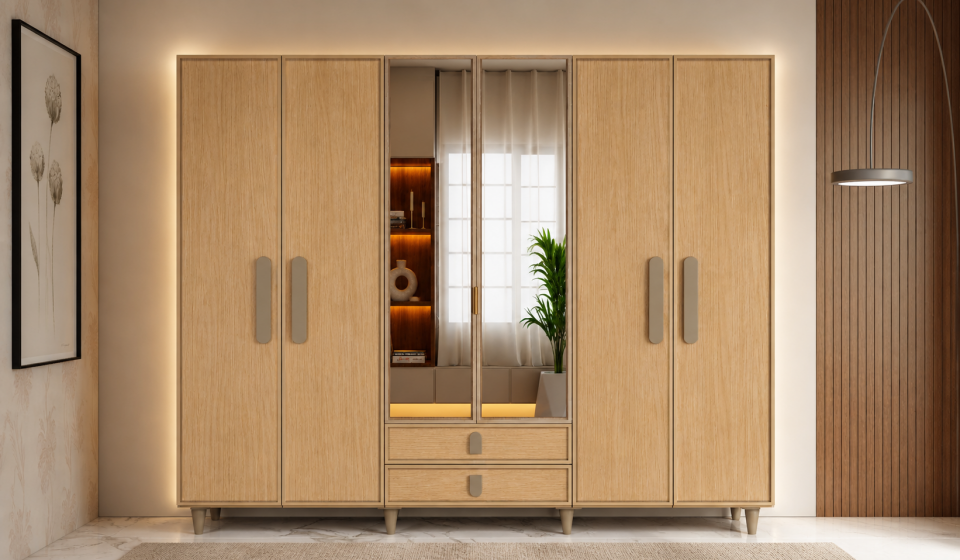 Tarz Mobilya Açık Meşe 6 Kapılı Modern İskandinav Gardırop