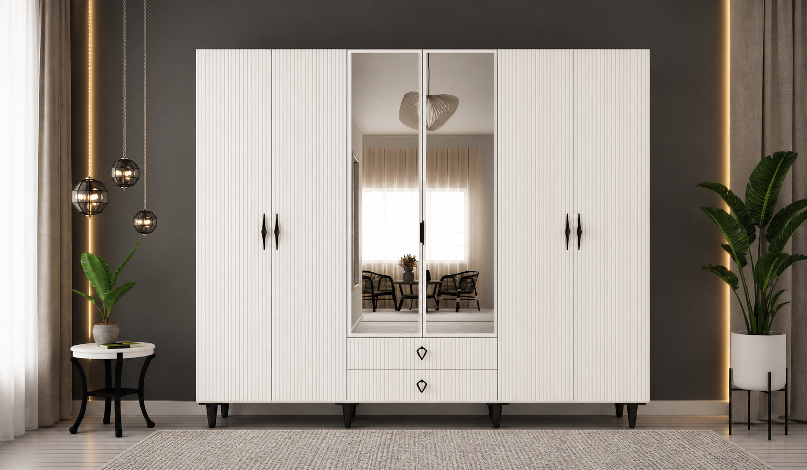 Tarz Mobilya 6 Kapılı Beyaz Çizgili Dolap Modern Gardırop