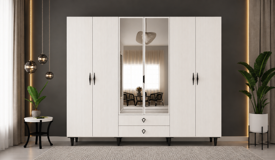 Tarz Mobilya 6 Kapılı Beyaz Çizgili Dolap Modern Gardırop
